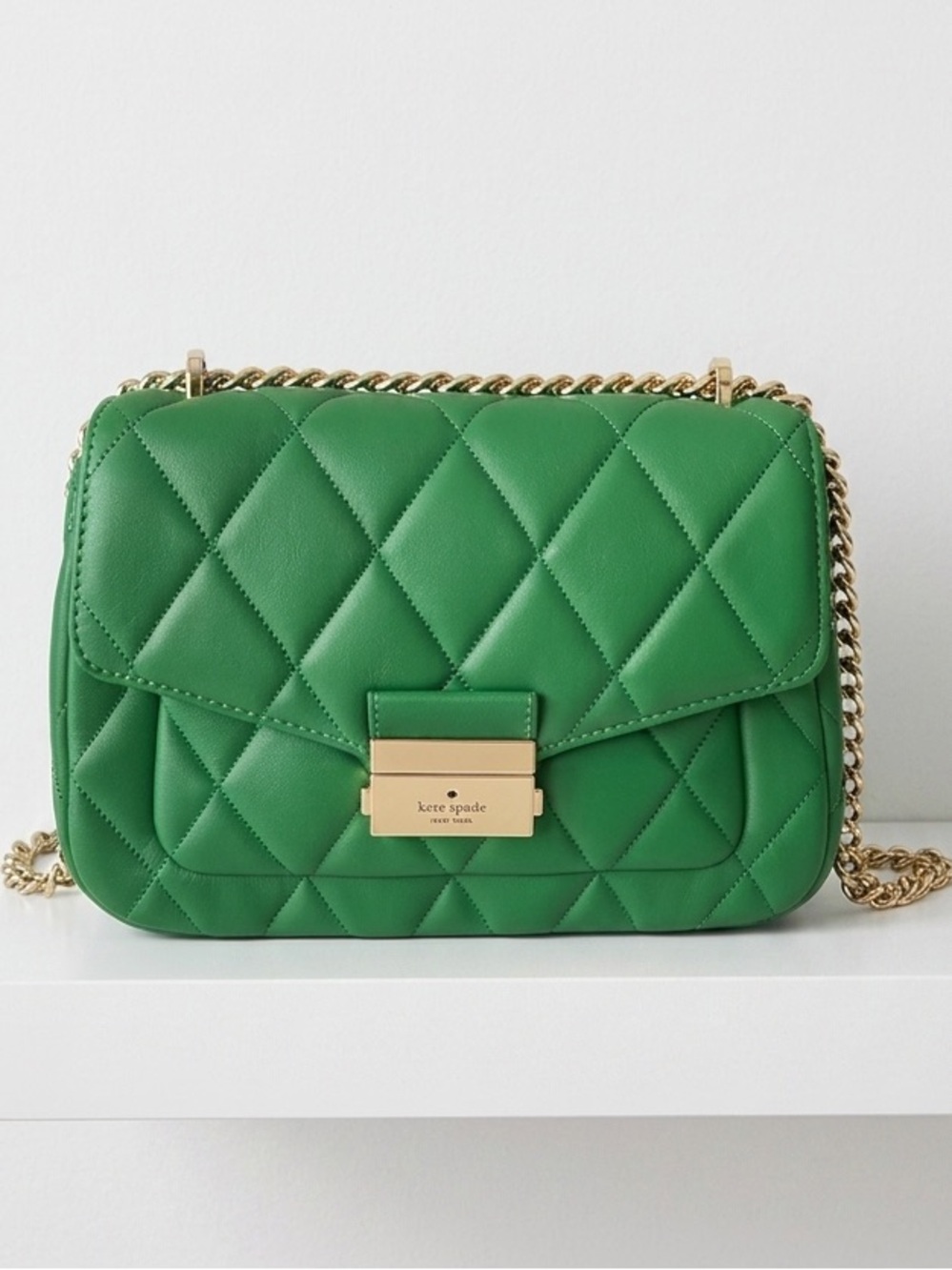 Kate Spade Carey Smooth Leather Quilted Small Flap Shoulder Bag, Green NWT